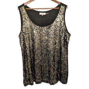 Calvin Klein Womens Black Gold Sequin Top 1X Scoop Neck Sleeveless Partywear